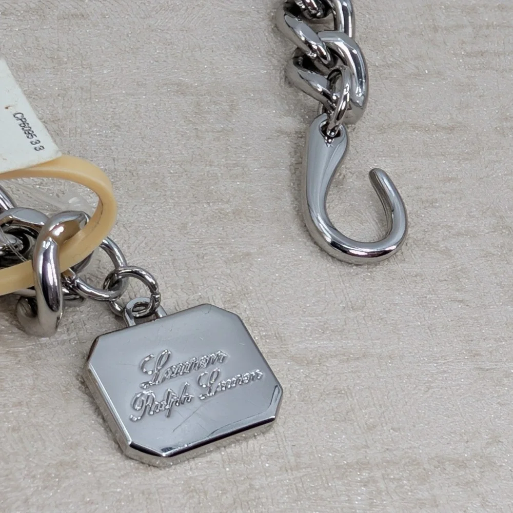 Lauren Ralph Lauren Black Leather Silver Chain Link Belt Small Charm Hook Clasp
